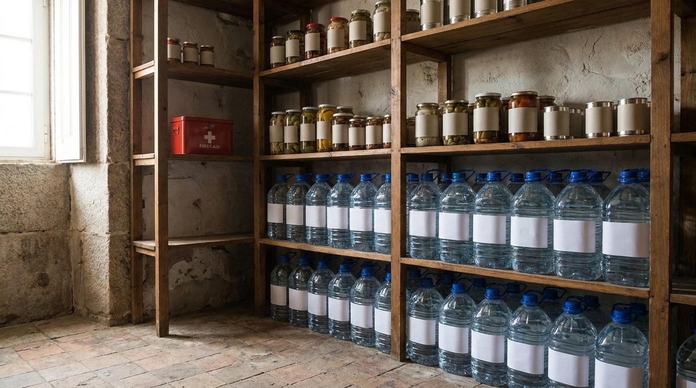 Despensa portuguesa com garrafões de água armazenados