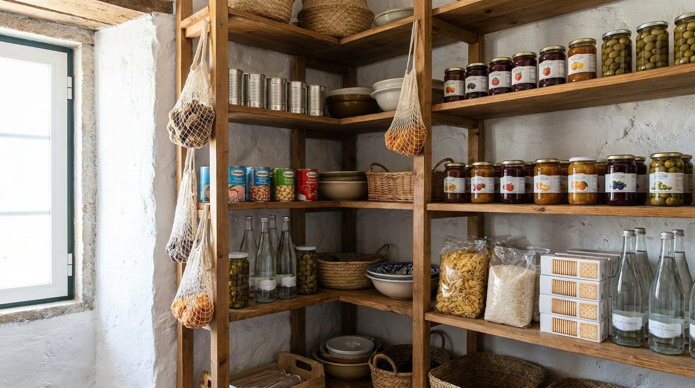 Despensa portuguesa com reservas alimentares de emergência