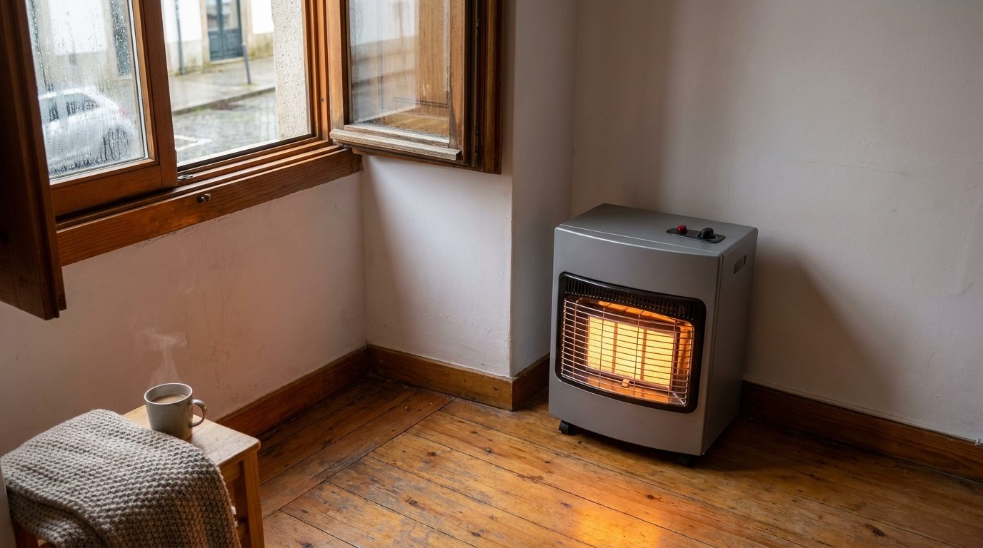 Chauffage à gaz portable dans un salon portugais avec fenêtre ventilée