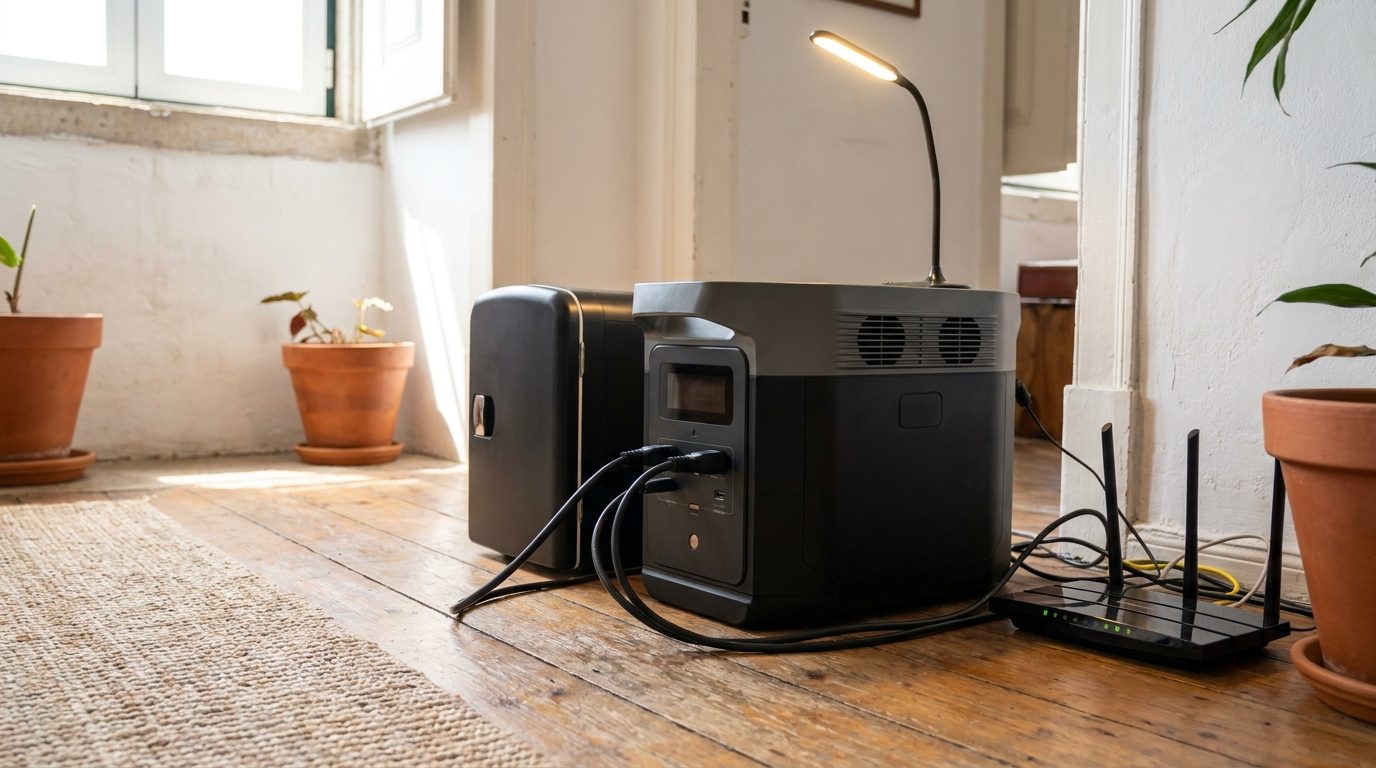 Portable power station powering a fridge, router and lamp