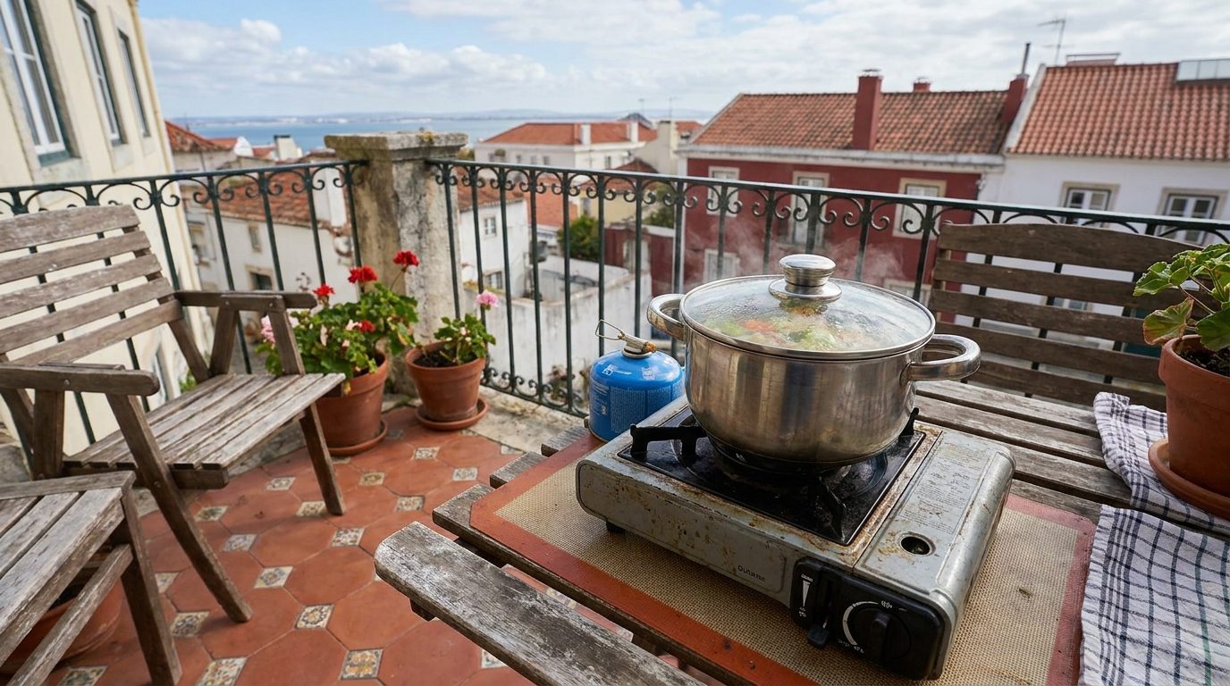 Réchaud à gaz portable sur un balcon portugais avec une casserole