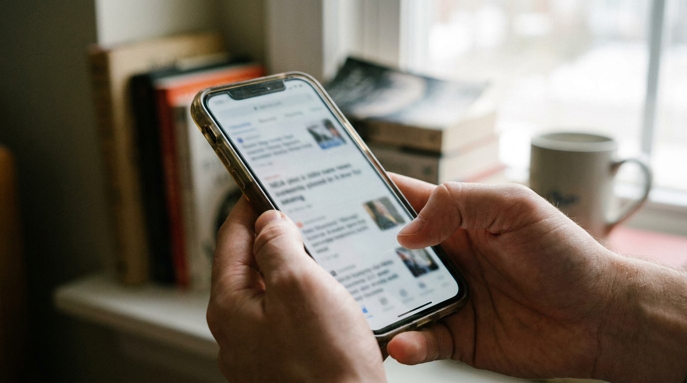 Hand holding a phone showing a news feed
