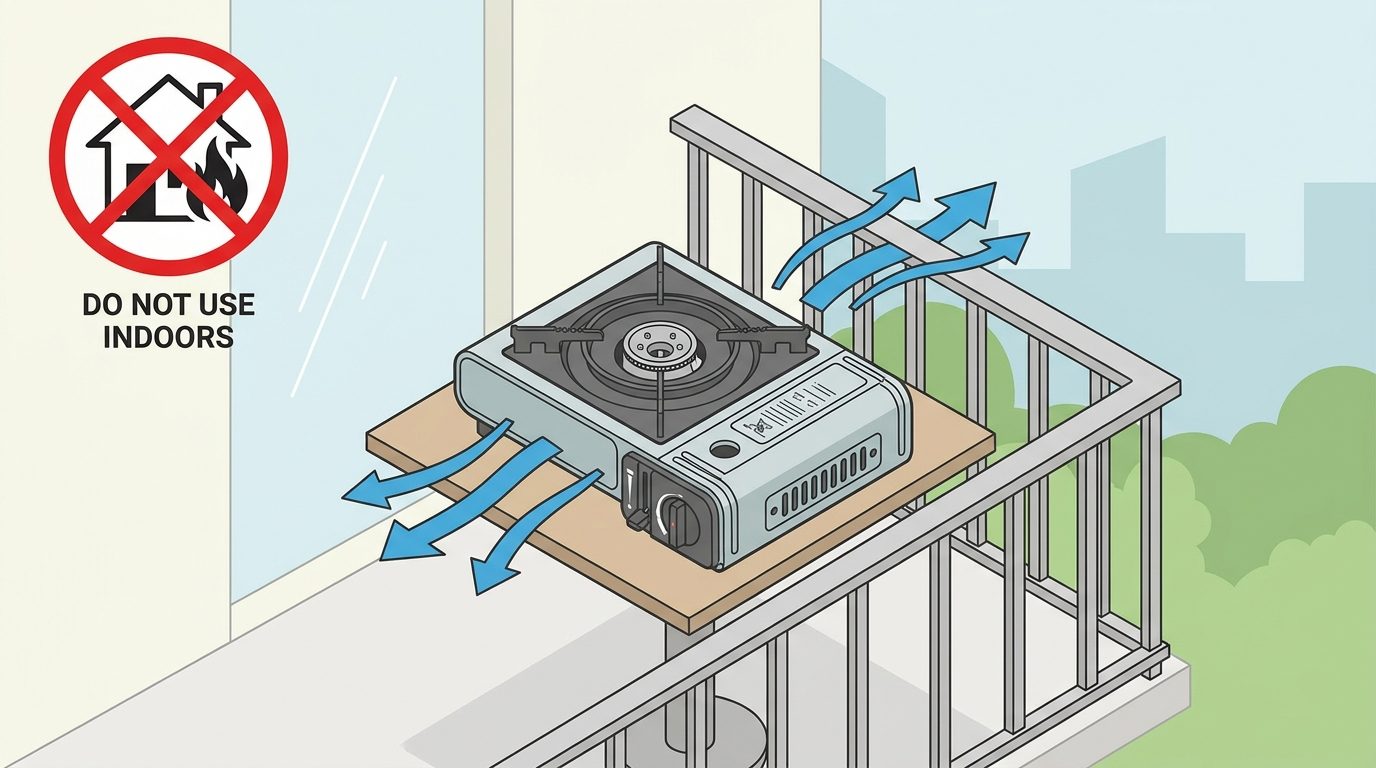 Schéma d'utilisation sécurisée d'un réchaud portable à l'extérieur