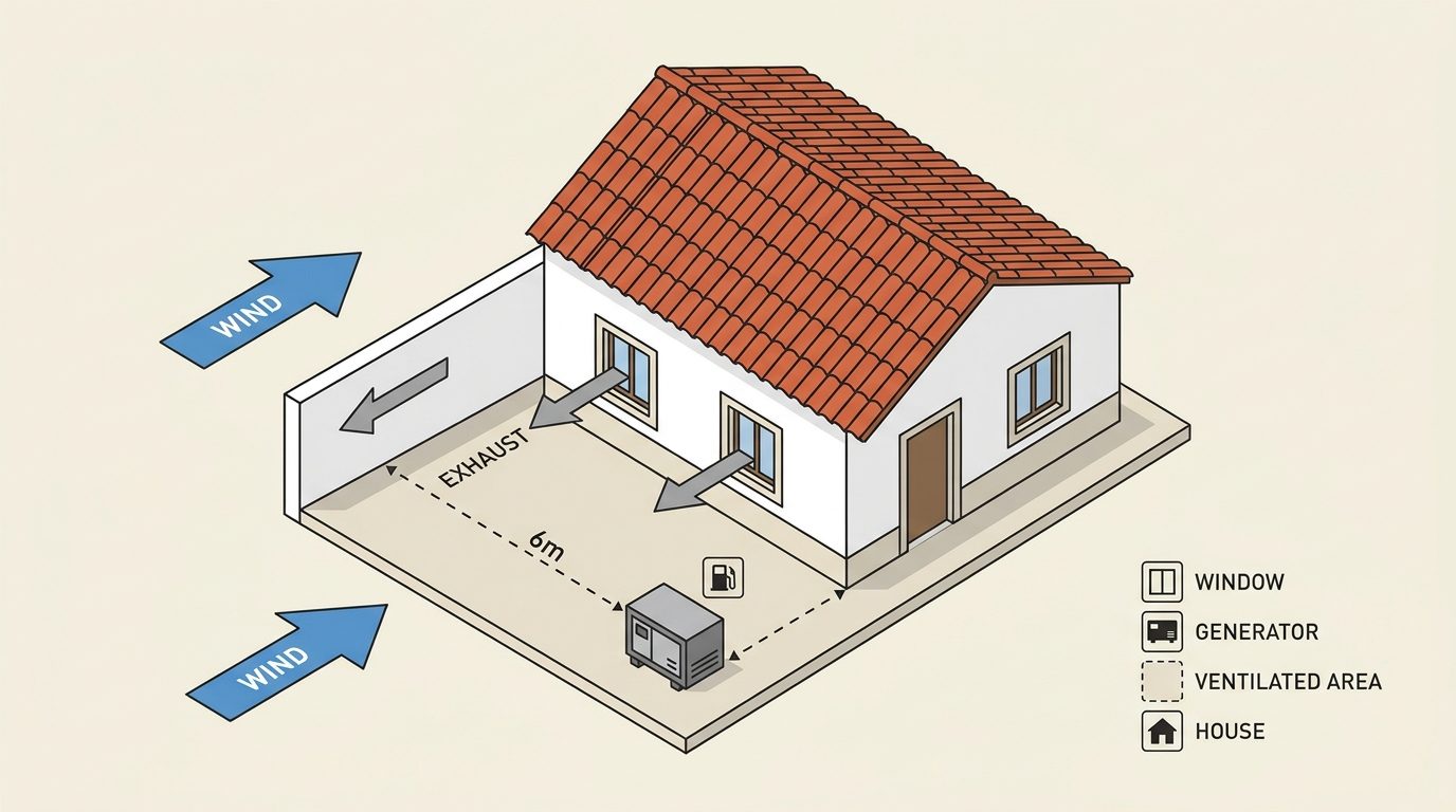 Esquema de segurança de gerador: distância 6 m e ventilação
