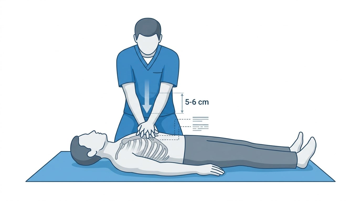 Esquema de RCP: posição correta e profundidade de 5-6 cm