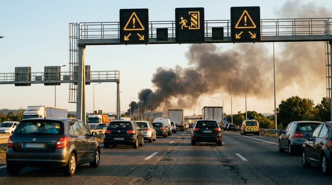 Portuguese motorway with evacuation signage during an alert