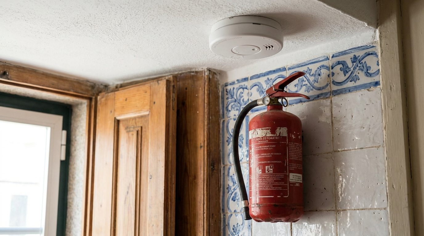 Extintor y detector de humo en una casa portuguesa
