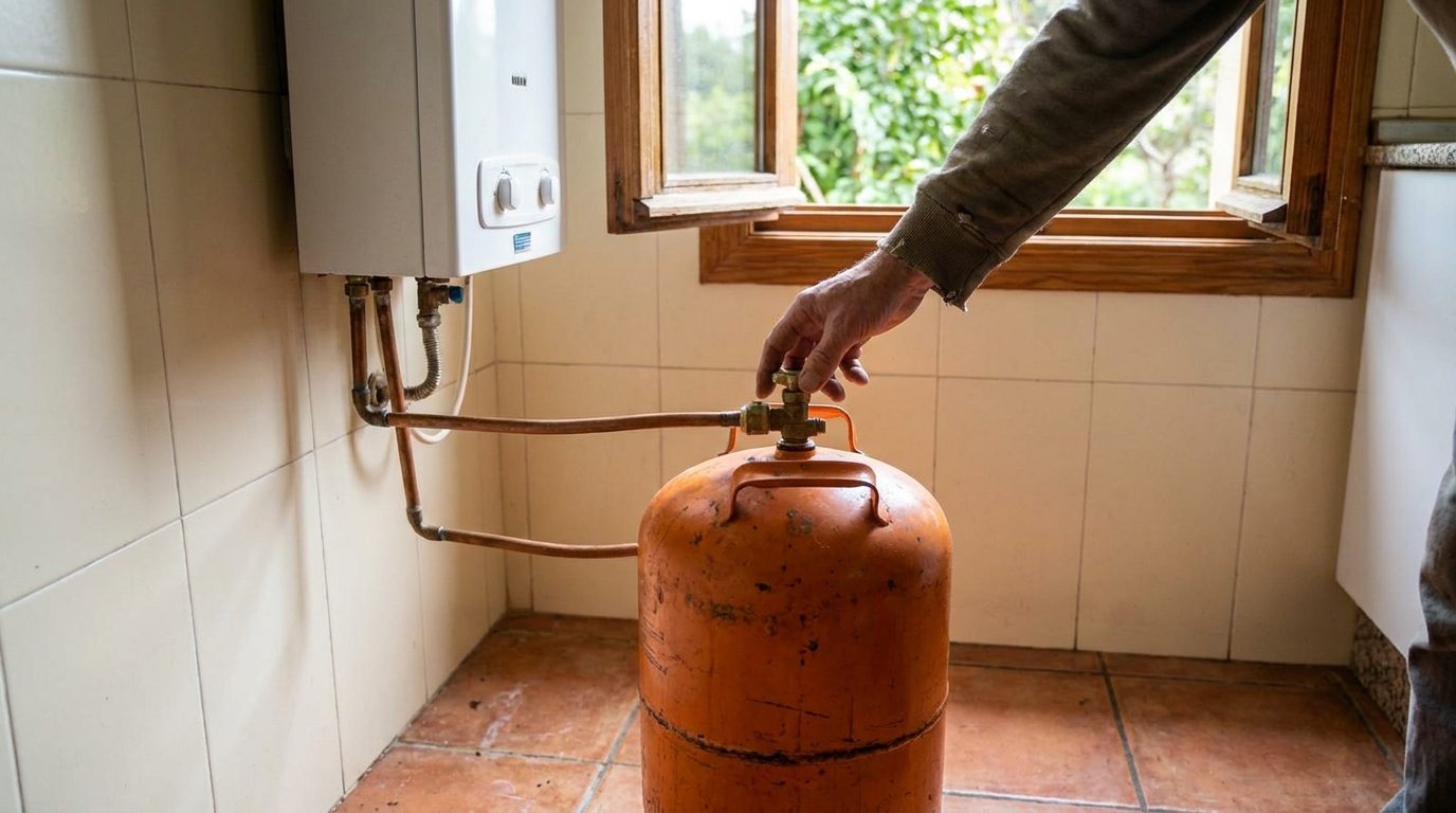 Botija de gás e janela aberta para ventilação