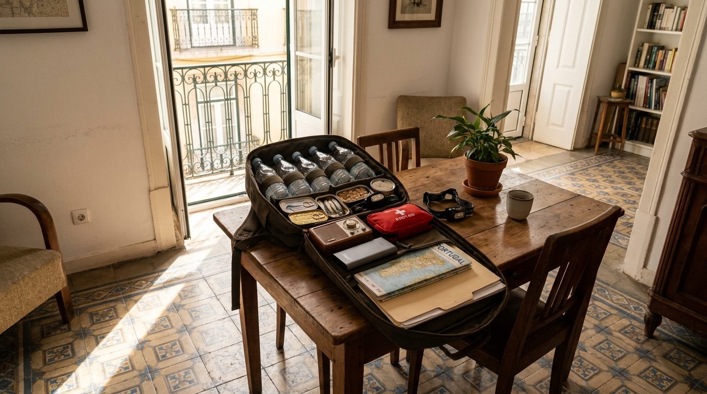 Mochila de emergência aberta numa sala de estar portuguesa