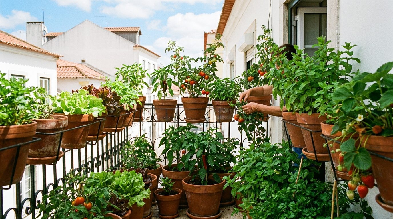 Horta numa varanda de apartamento português com vasos