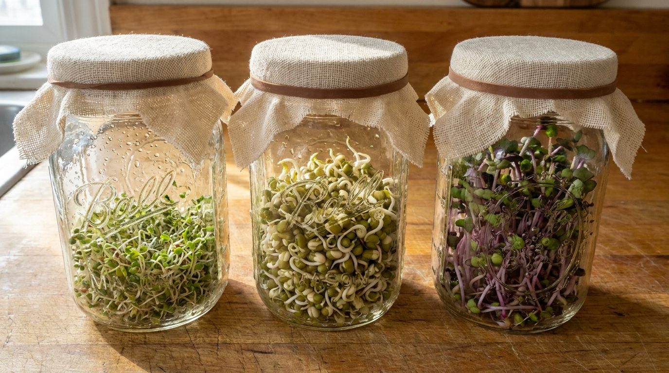 Frascos de germinados em diferentes fases de crescimento
