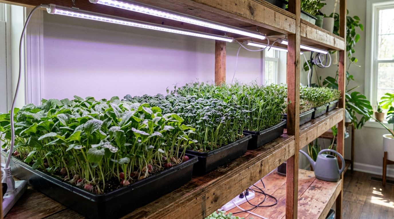 Bandejas de microgreens sob luz LED em casa