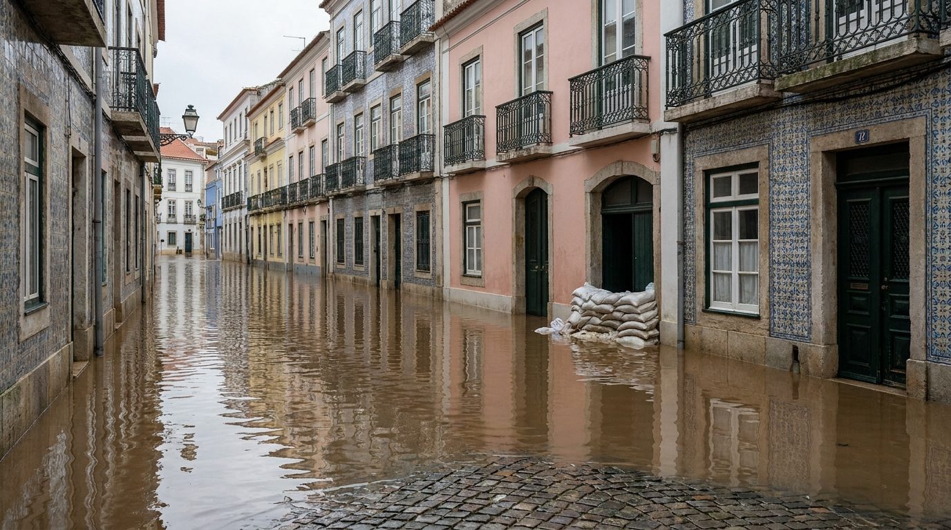 Flooded Portuguese cobblestone street with sandbags
