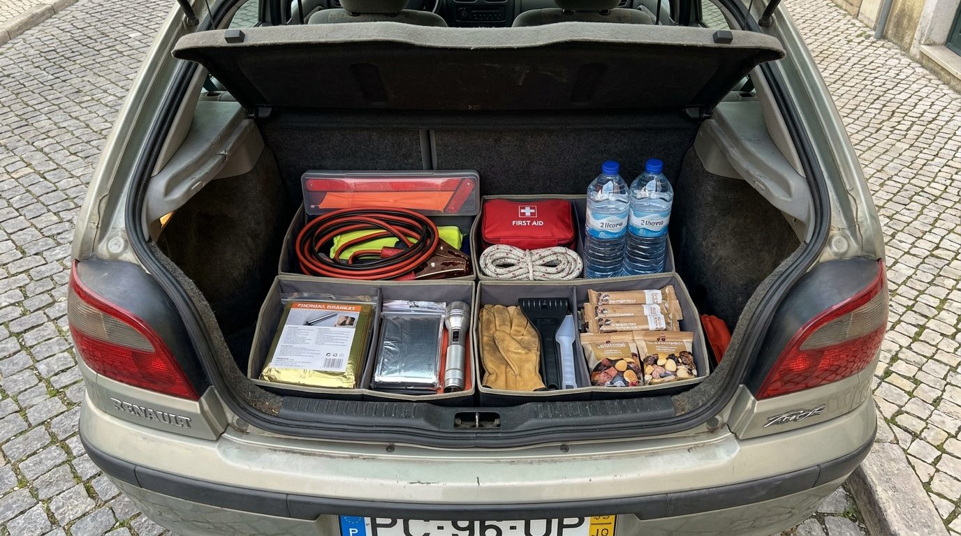 Maletero del coche con kit de emergencia organizado