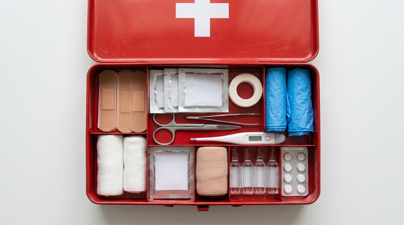 Open first-aid kit with medical supplies