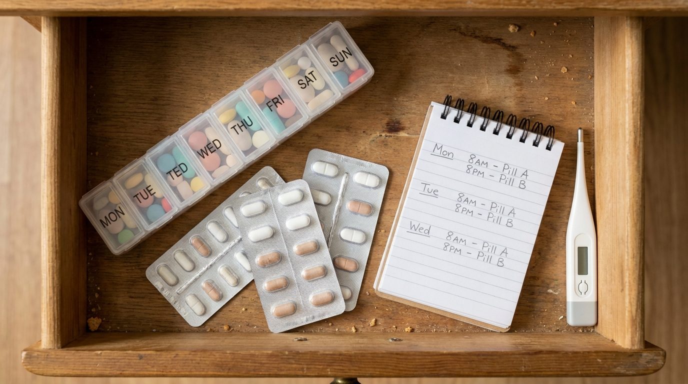 Medicamentos organizados en un cajón con pastillero semanal