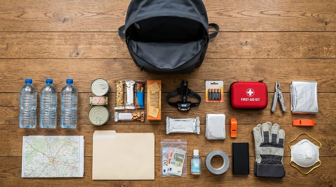 Mochila de emergência 72 horas com itens organizados