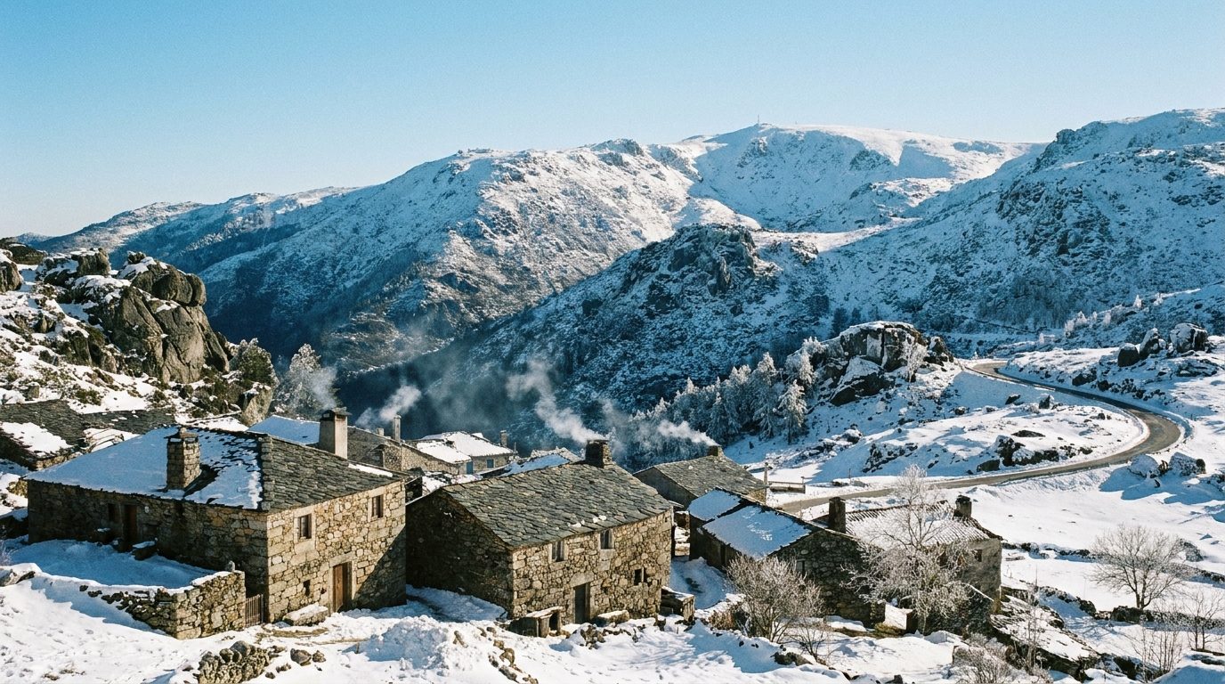 Portuguese village covered in snow in Serra da Estrela