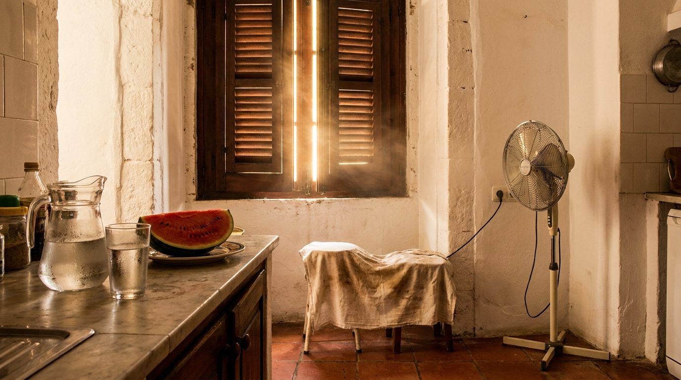 Maison portugaise avec volets fermés pendant une canicule