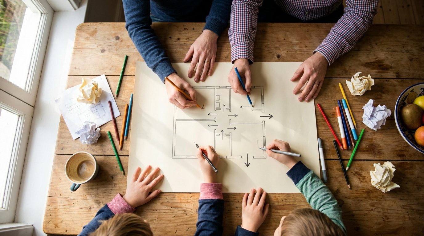 Familia dibujando un plan de evacuación en papel en la mesa
