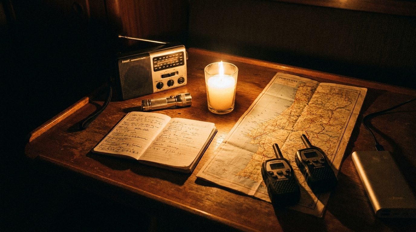 Hand-crank radio, map and walkie-talkies by candlelight