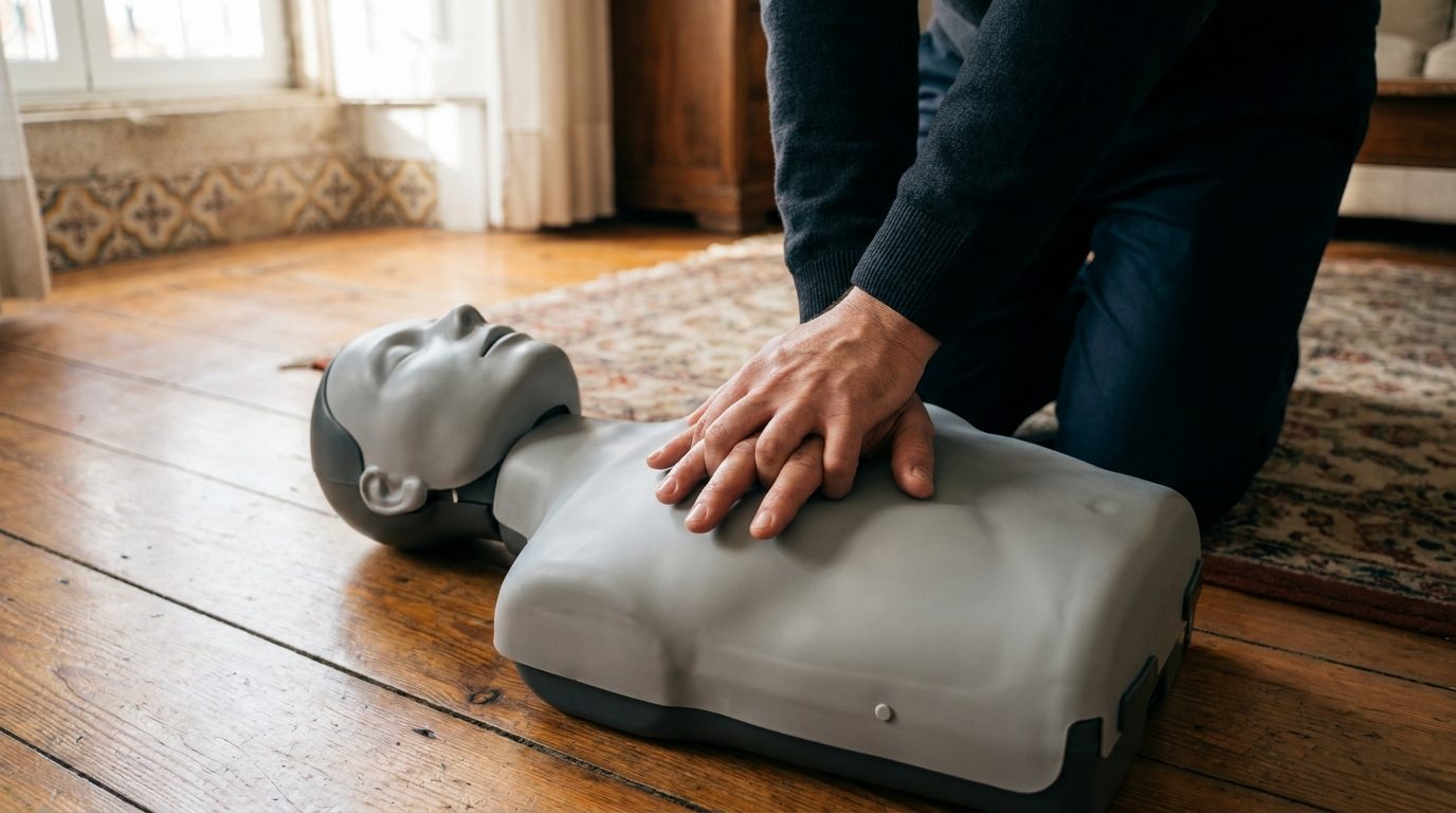 Mãos a praticar compressões torácicas num manequim de RCP