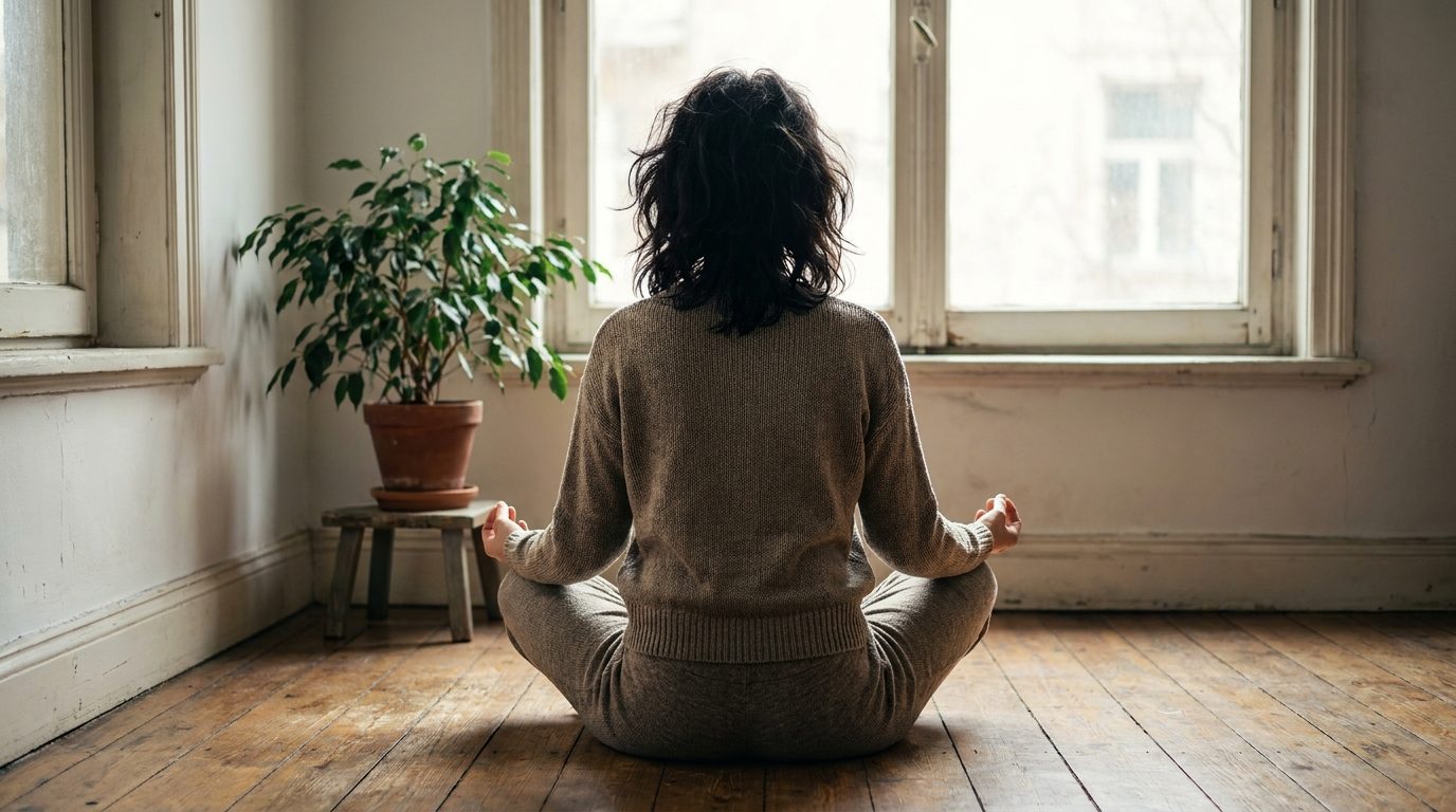 Pessoa em meditação calma junto a uma janela
