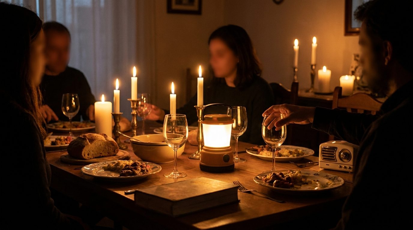 Família a jantar à luz de velas durante um apagão prolongado