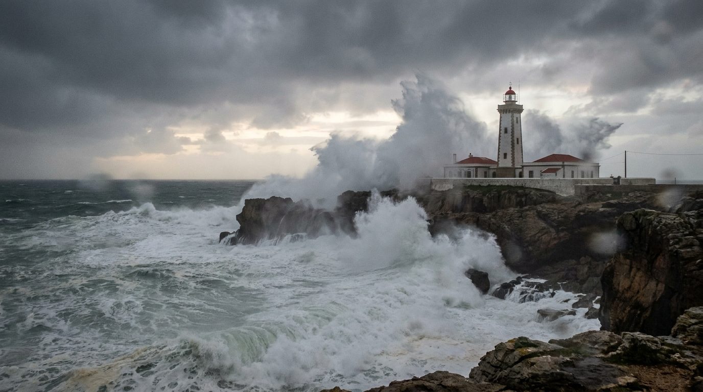 Ondas atlânticas contra um farol da costa portuguesa