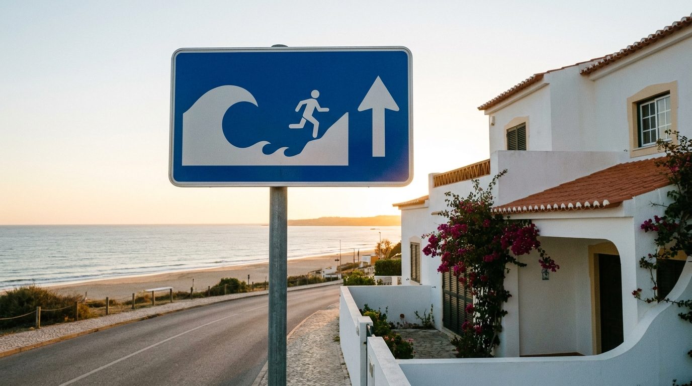 Sinalização de evacuação de tsunami numa estrada costeira do Algarve